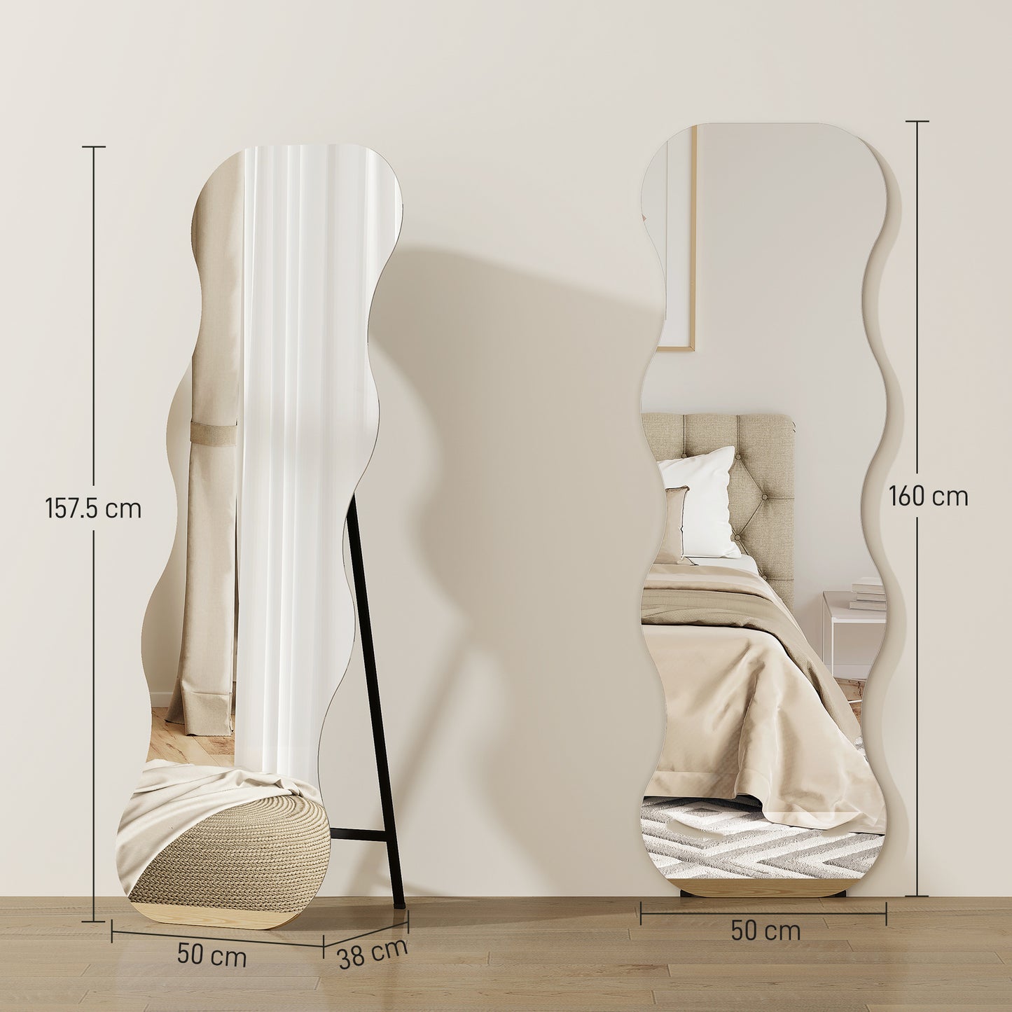 HOMCOM Ganzkörperspiegel ohne Rahmen, Holzbasis, flexibel platzierbar, Wellenform, Schwarz