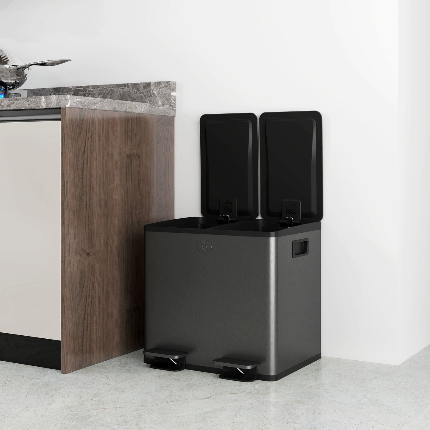 HOMCOM 2 x 15 L Doppelmülleimer, Pedalöffnung, leicht zu reinigen, Edelstahl, Kunststoff, Schwarz