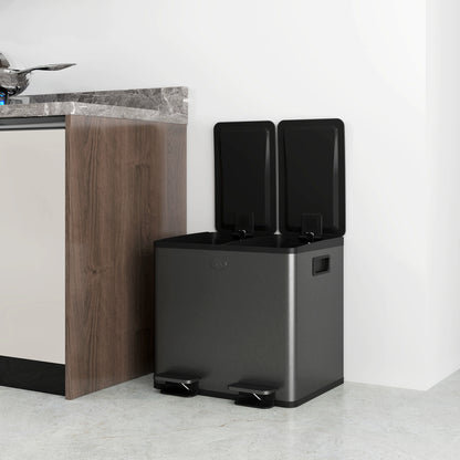 HOMCOM 2 x 15 L Doppelmülleimer, Pedalöffnung, leicht zu reinigen, Edelstahl, Kunststoff, Schwarz
