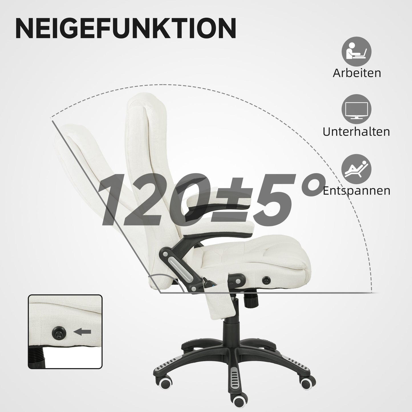 Vinsetto Ergonomischer Schreibtischstuhl med massagefunktion, 68 x 72 x 110–120 cm, Cremeweiß