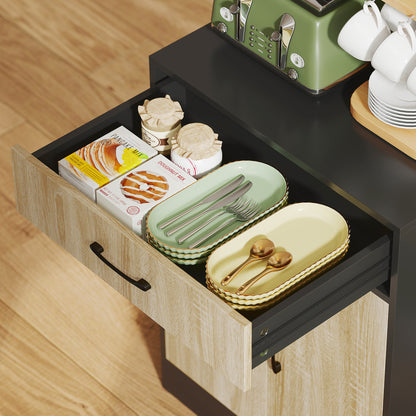 HOMCOM Küchenschrank mit Arbeitsfläche und Kabelloch, moderne Küchenkommode mit Schublade, 3 offene Regale, Naturholz, Schwarz