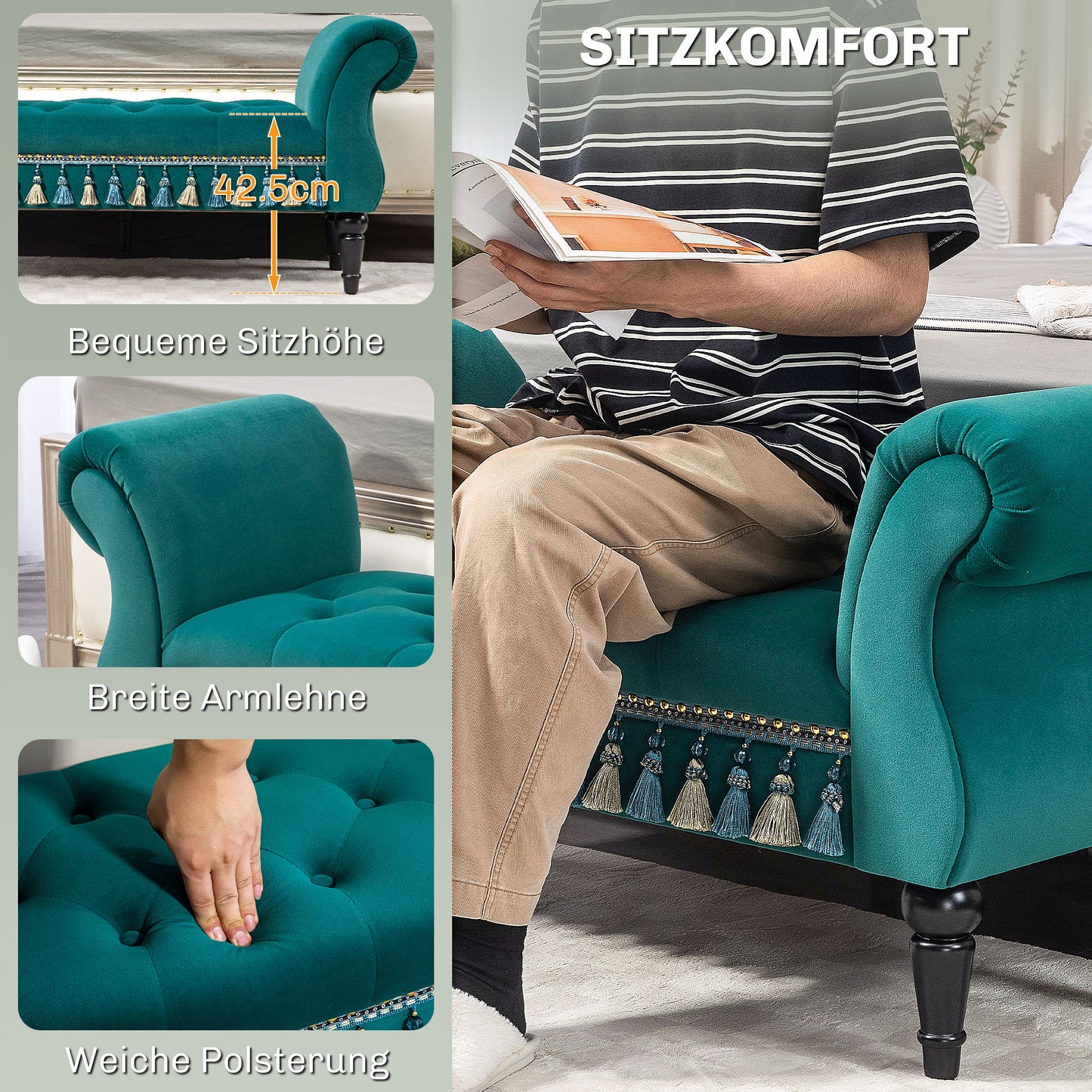 HOMCOM Polsterbank, Sitzbank, Vintage-Design, bis 150 kg, 117x40x58 cm, Grün