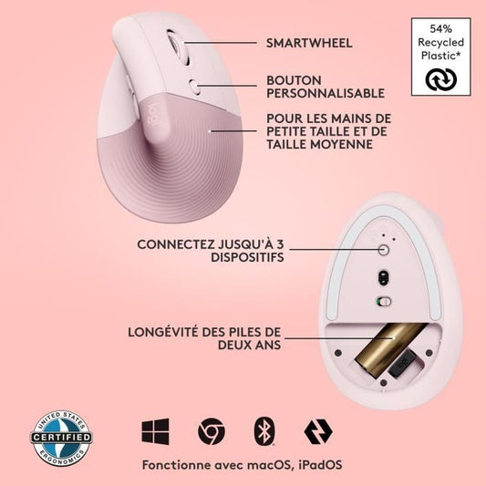 Logitech Lift Ergonomic Vertical Wireless Mouse, Bluetooth or Logi Bolt USB Receiver, Silent - Pink