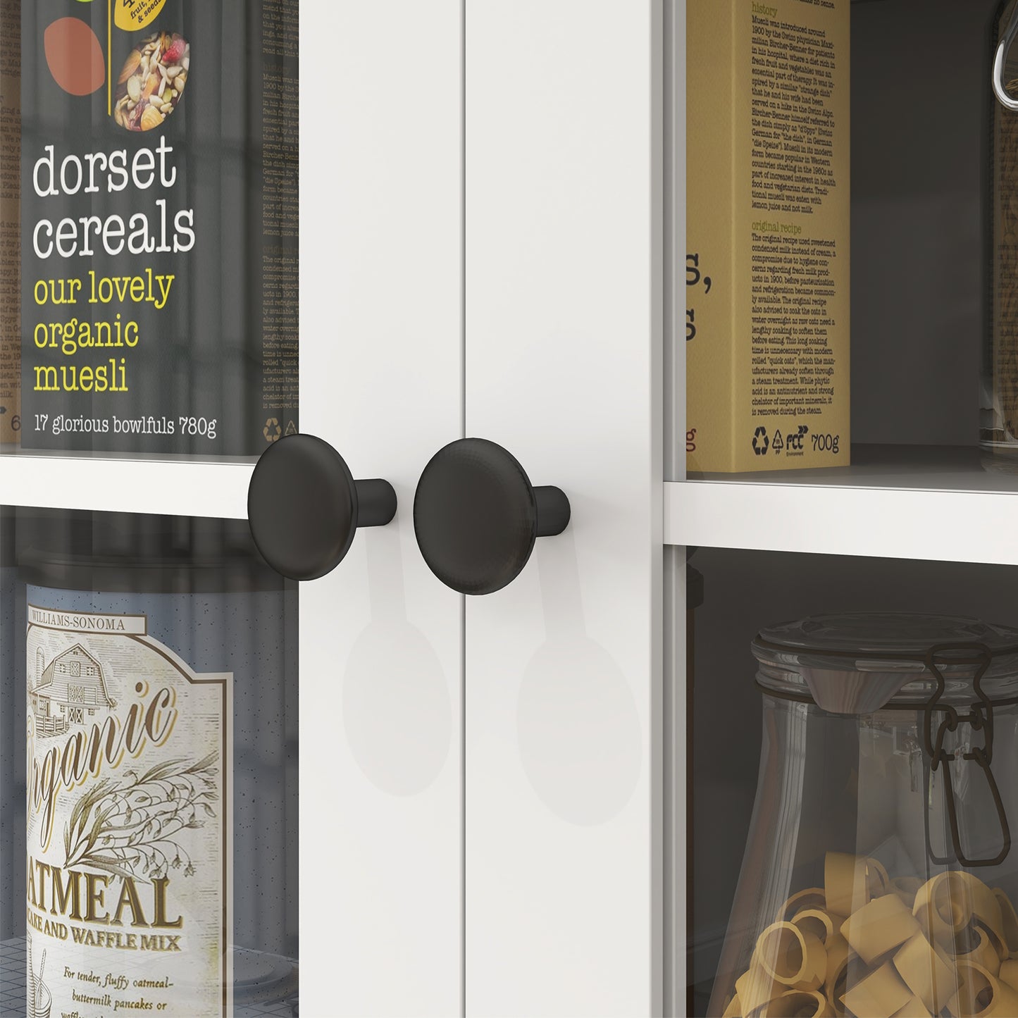 HOMCOM Freistehender Küchenschrank mit Arbeitsplatte für Mikrowelle, Kaffeemaschine, Schränke, Glastüren, Weiß