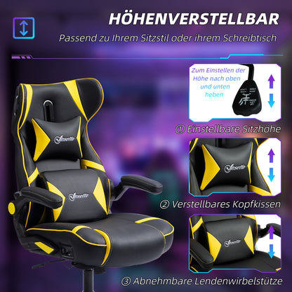 Vinsetto Gaming Stuhl mit Schaukelfunktion und Lautsprecher, Lenden- und Nackenstütze, für Spielzimmer, Kunstleder, Gelb+Schwarz