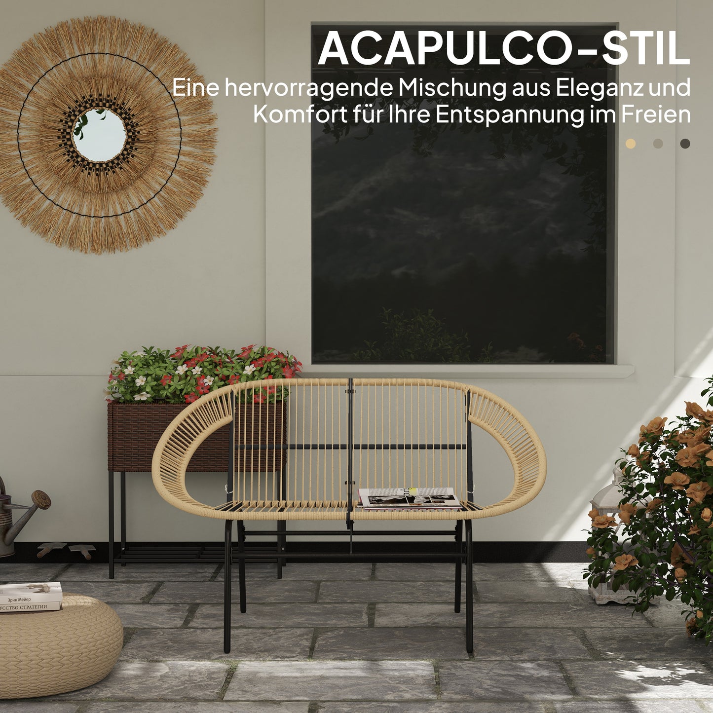 Outsunny 2-Sitzer Gartenbank Polyrattan, wetterfest Sitzbank im Rattanflecht-Design, UV-Beständig 260kg belast Khaki