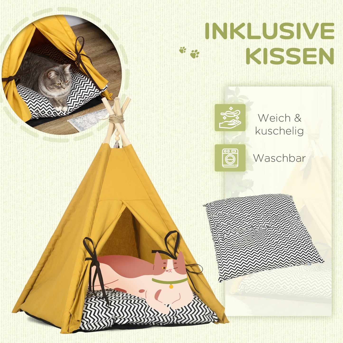 PawHut Tierbett, drolliges Tipi-Design, mit weichem Liegekissen, Bodenmatte, für Hunde und Katzen, 60 x 60 x 76 cm