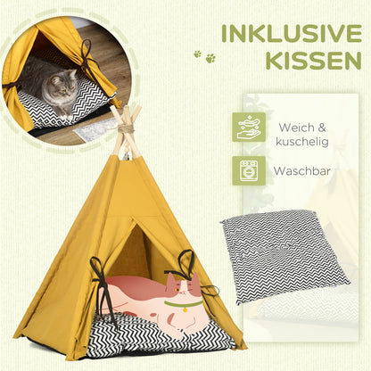 PawHut Tierbett, drolliges Tipi-Design, mit weichem Liegekissen, Bodenmatte, für Hunde und Katzen, 60 x 60 x 76 cm