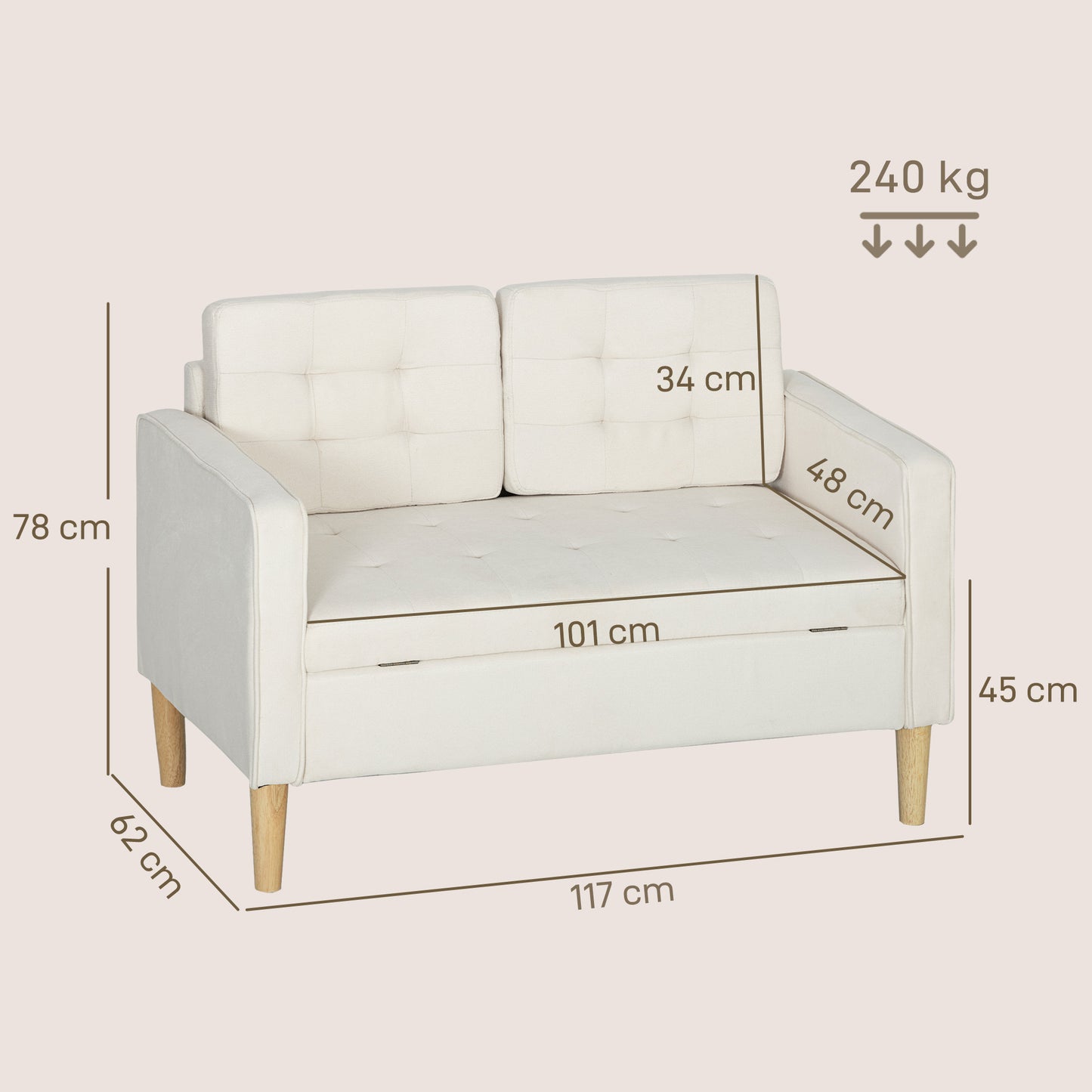 HOMCOM Zweisitzer-Sofa mit Stauraum, Knopfheftung, Kissen, Kautschukbaumholz, 117x62x78cm, Cremeweiß