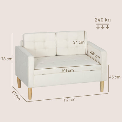 HOMCOM Zweisitzer-Sofa mit Stauraum, Knopfheftung, Kissen, Kautschukbaumholz, 117x62x78cm, Cremeweiß