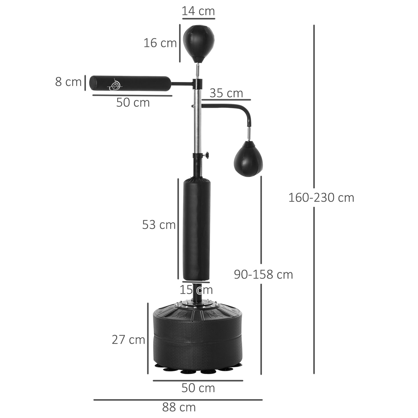 HOMCOM Boxstand Standbox-Trainer mit 2 Speedbällen Reflexstange und Saugnapf-Basis 160-230cm höhenverstellbar Geeignet für Erwachsene Jugendlichen Schwarz