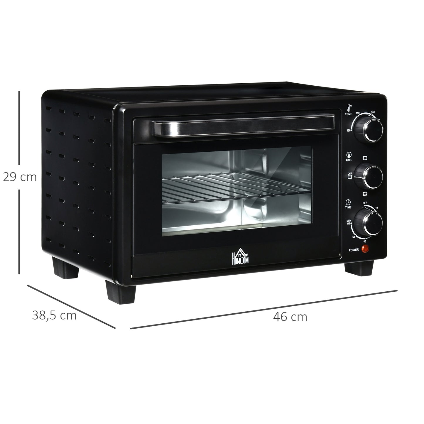 HOMCOM Minibackofen, 21 L Toasterofen mit 1 Drahtgestell und 1 Backblech, 3 Kochmodi, 100 °C-230 °C, Edelstahl, Glas, Schwarz