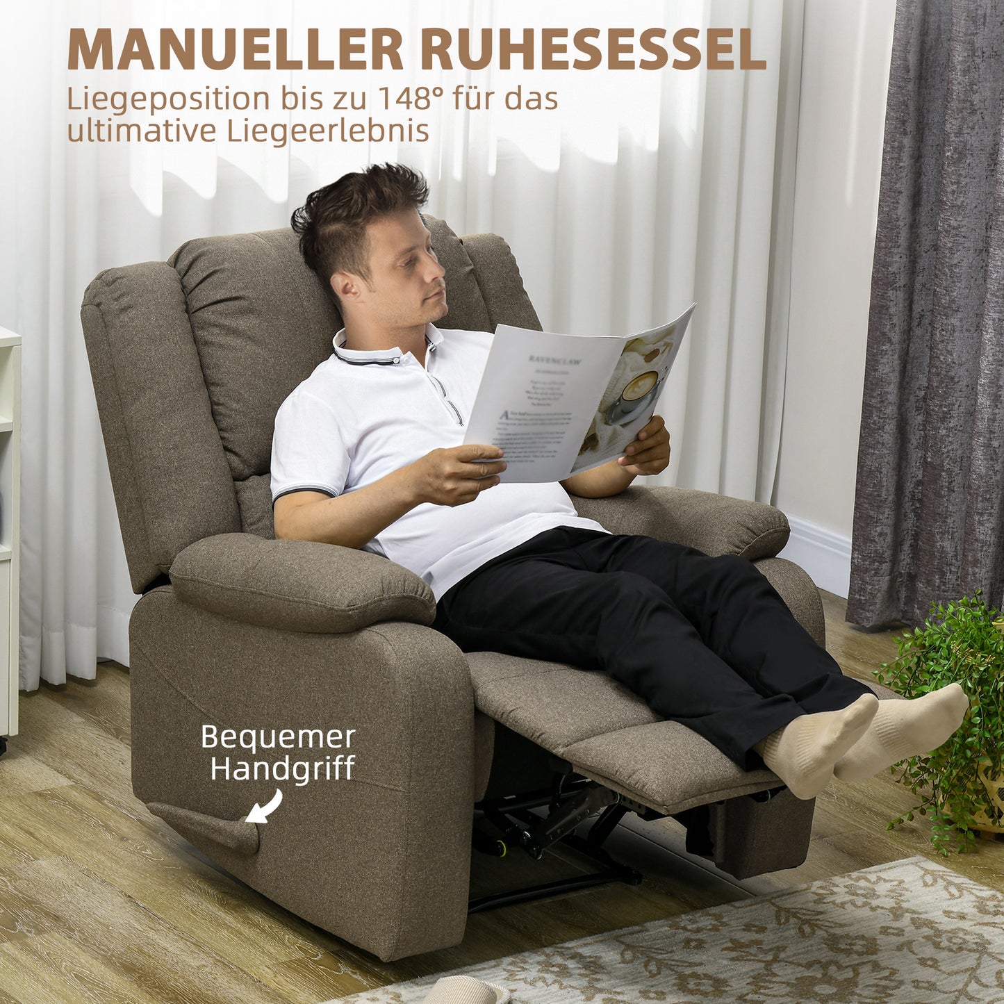 HOMCOM Relaxsessel, Liegefunktion und Fußstütze, verstellbar, bis 150 kg, Stahlrahmen, 90 x 96 x 98 cm, Braun