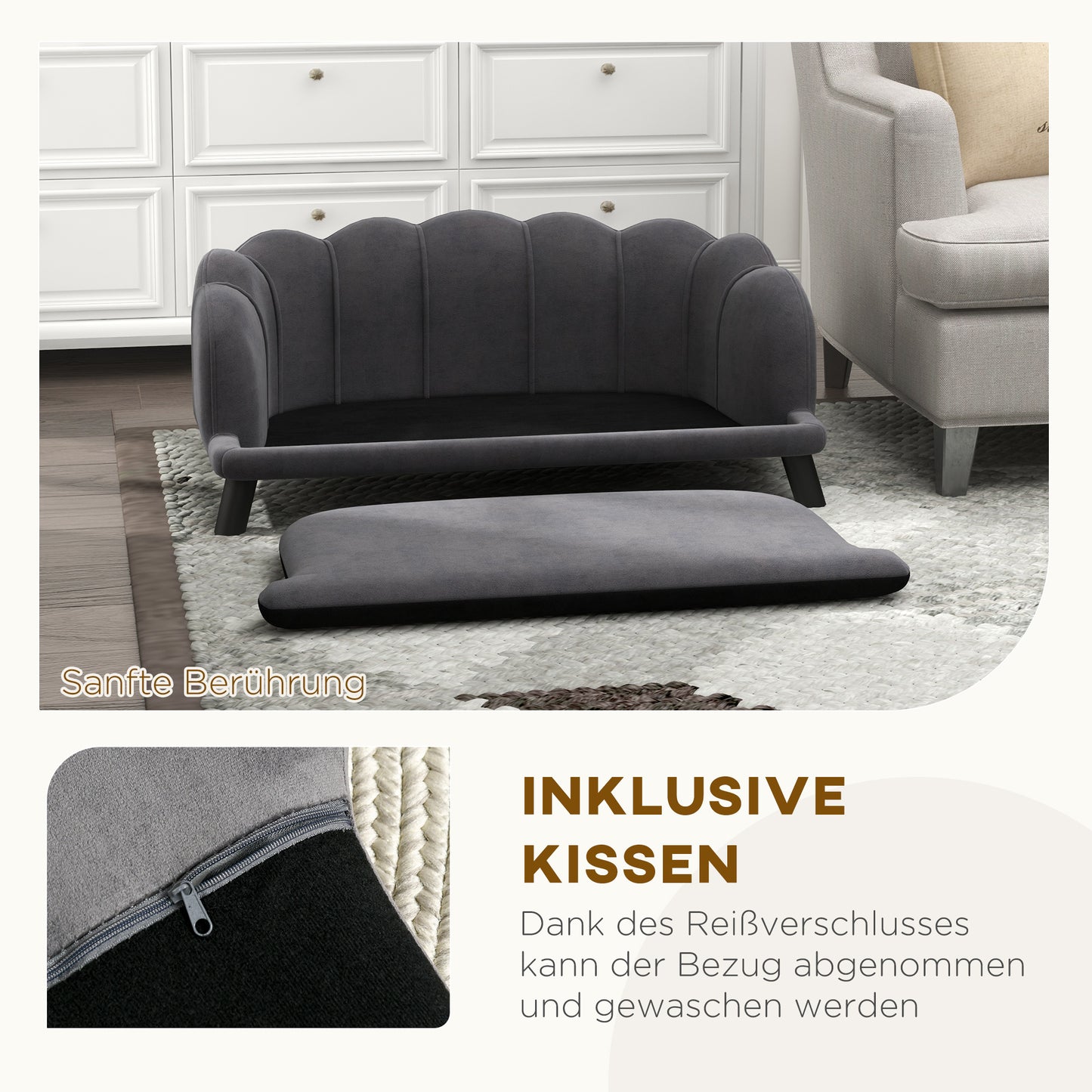 PawHut Hundesofa Hundecouch, Waschbarer Bezug, Haustiersofa mit Rückenlehne und Holzbeine, Katzensofa, für mittelgroße Hunde under 25 kg, Dunkelgrau