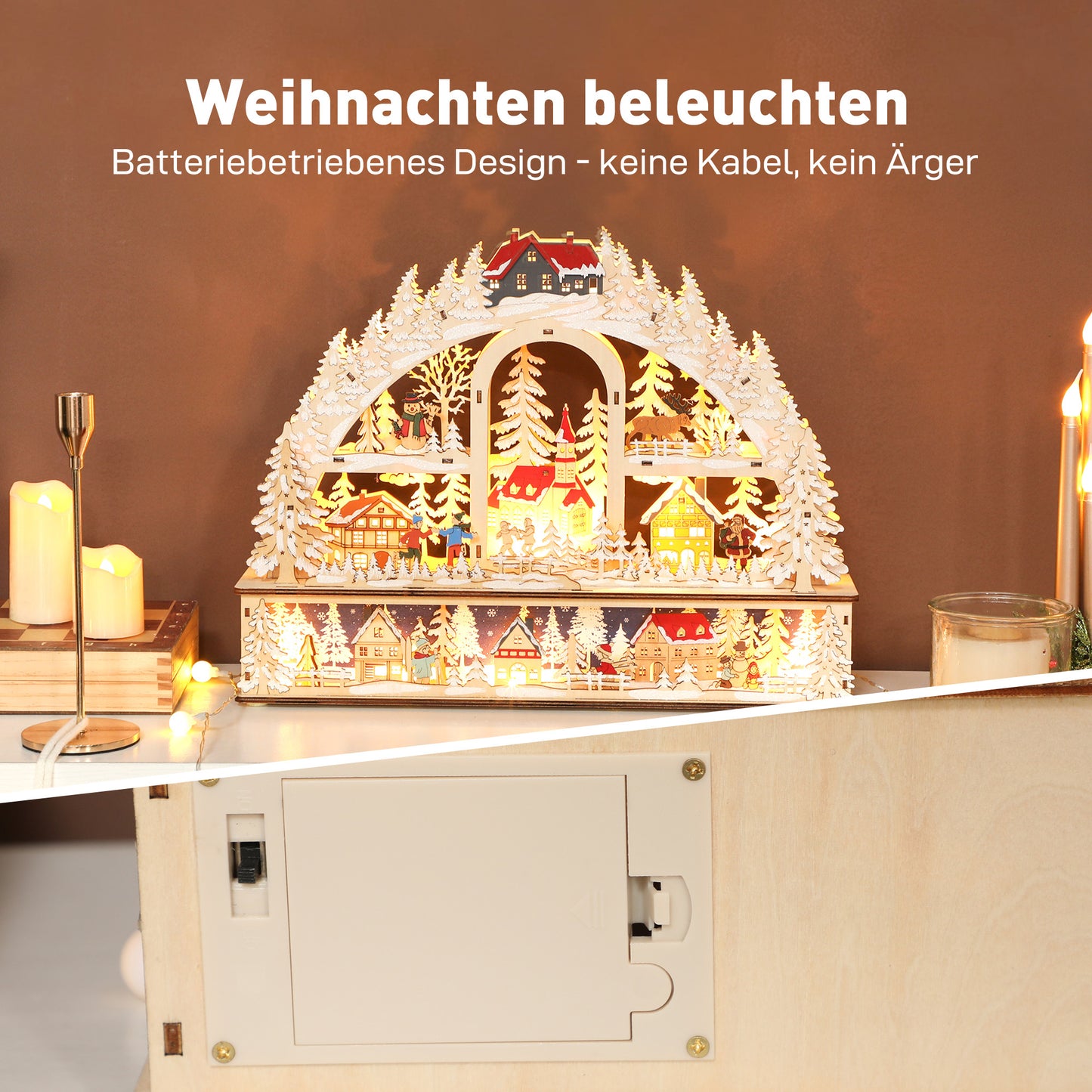 HOMCOM Weihnachtsdorf mit LED-Leuchtung, 45 cm Weihnachtsstadt mit Schneemann, Renntier und Bäume Naturholz