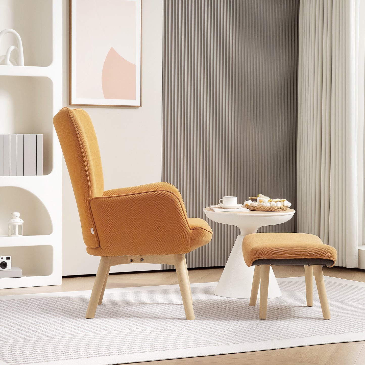 HOMCOM Akzentsessel mit Hocker, Relaxsessel in Cord-Optik, Armlehnstuhl mit Holzbeinen, für Wohnzimmer, Braun