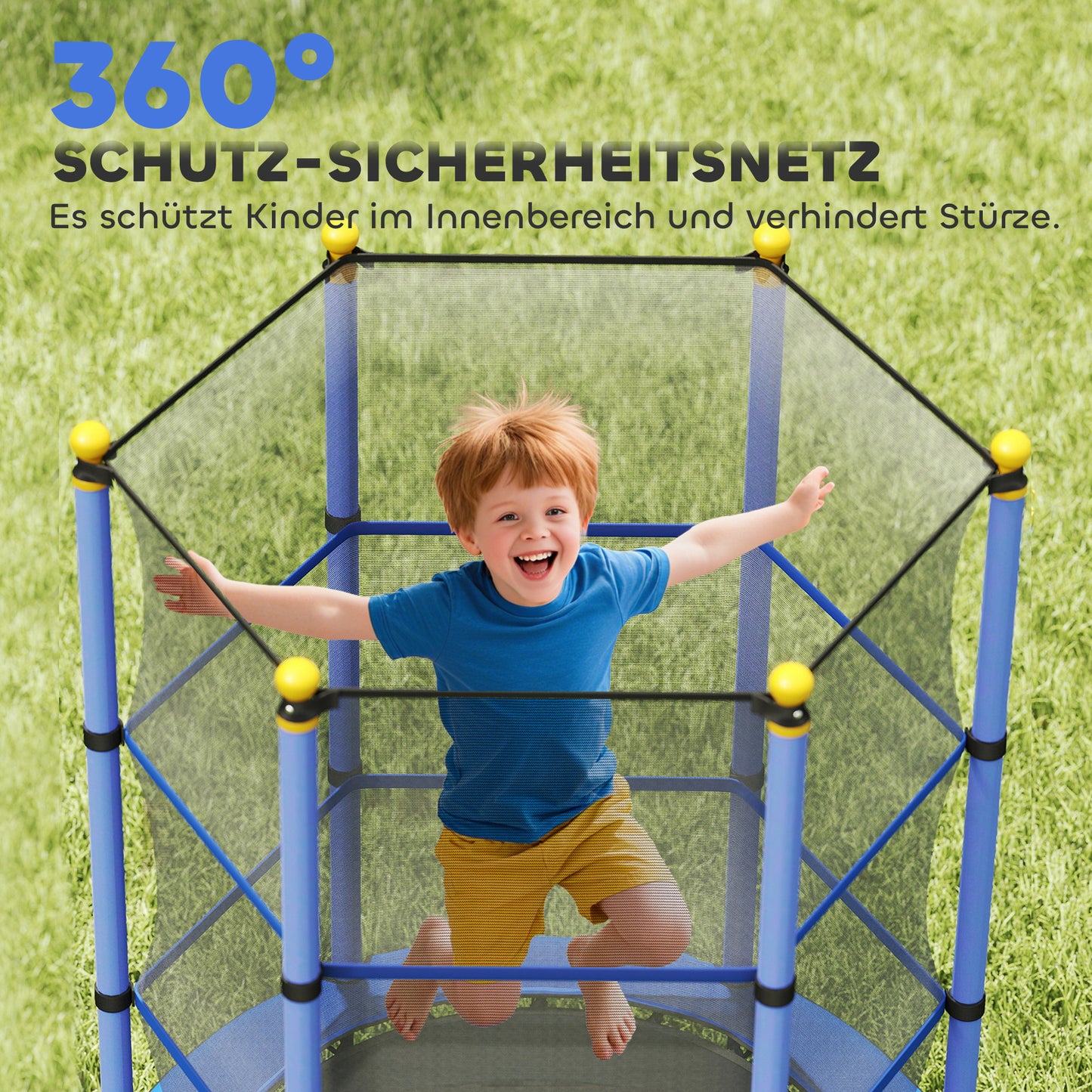 HOMCOM Trampolin für Kinder, Ø140 cm, mit Sicherheitsnetz, für innen und außen, Stahl, Kunststoff, belastbar bis 50 kg, Blau