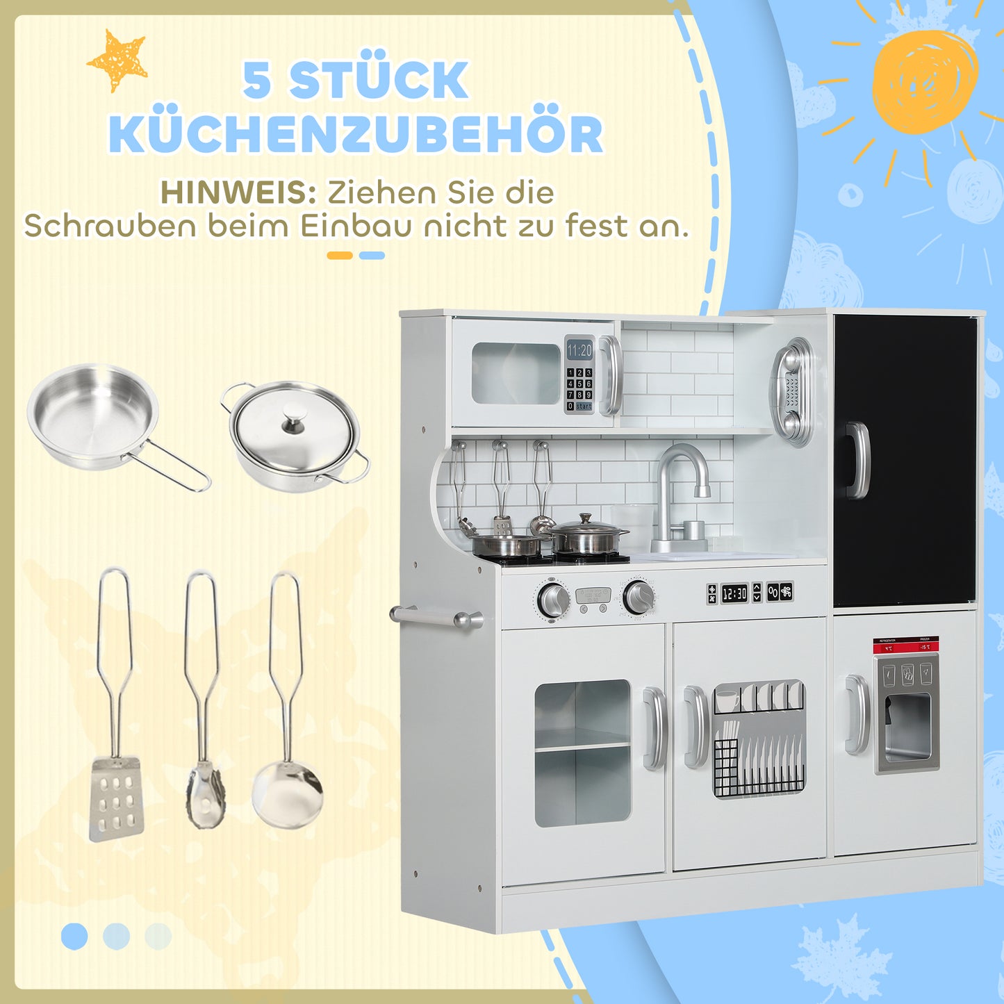 AIYAPLAY Kinderküche, Spielküche mit Telefon, Kreidetafel, Mikrowelle, Herd, Spüle, Zubehör, Eiswürfelmaschine, 3-8 Jahre, Weiß