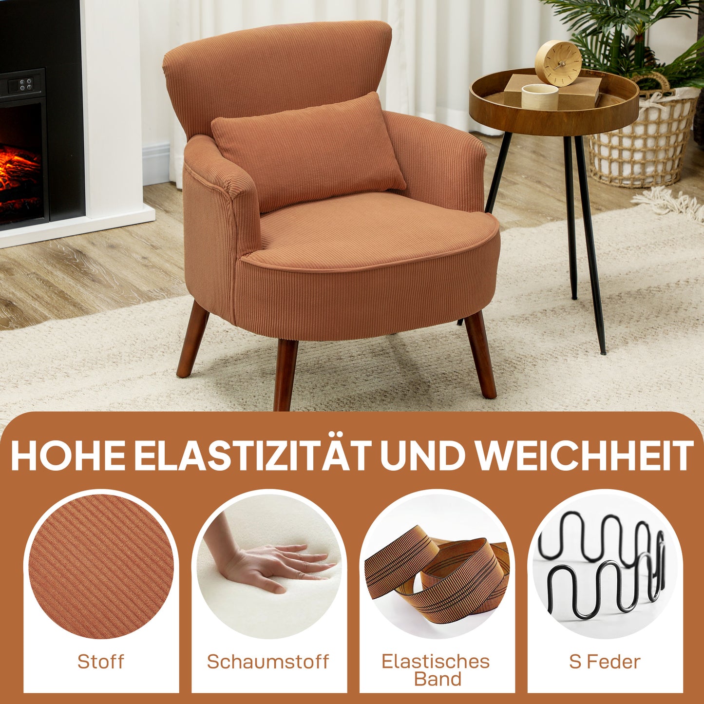 HOMCOM Moderner Armlehnstuhl, Gepolsterter Akzentstuhl mit Lendenkissen, Kautschukholzbeinen, Orange