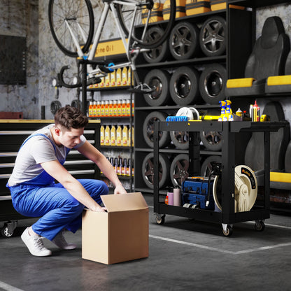 HOMCOM Werkzeugwagen, 2-stöckige Ablagen, Griff, Räder, Kunststoff, Schwarz