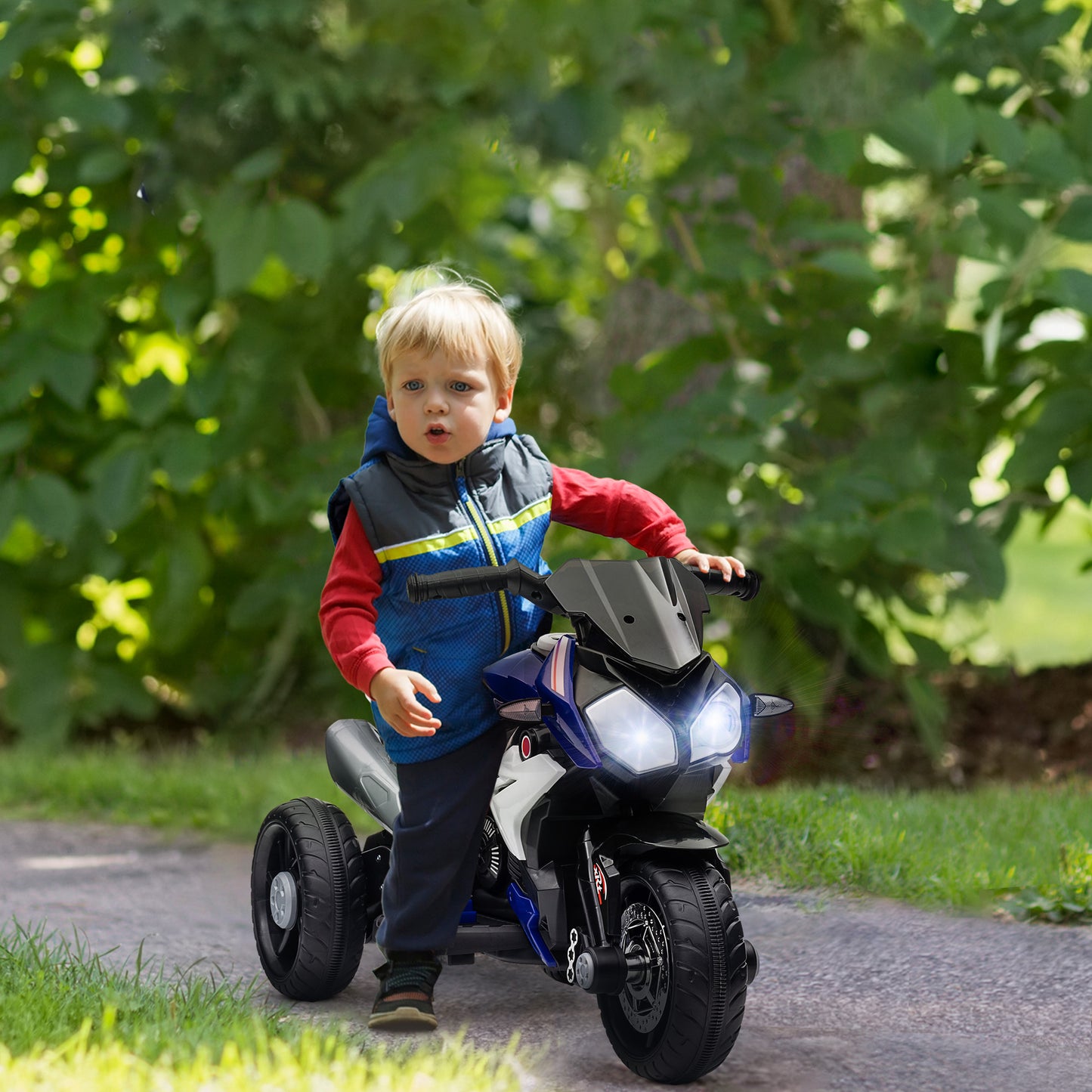 HOMCOM Elektro-Kindermotorrad, Lichter & Geräusche, 3 km/h, wiederaufladbar, Kunststoff & Metall, Blau/Weiß