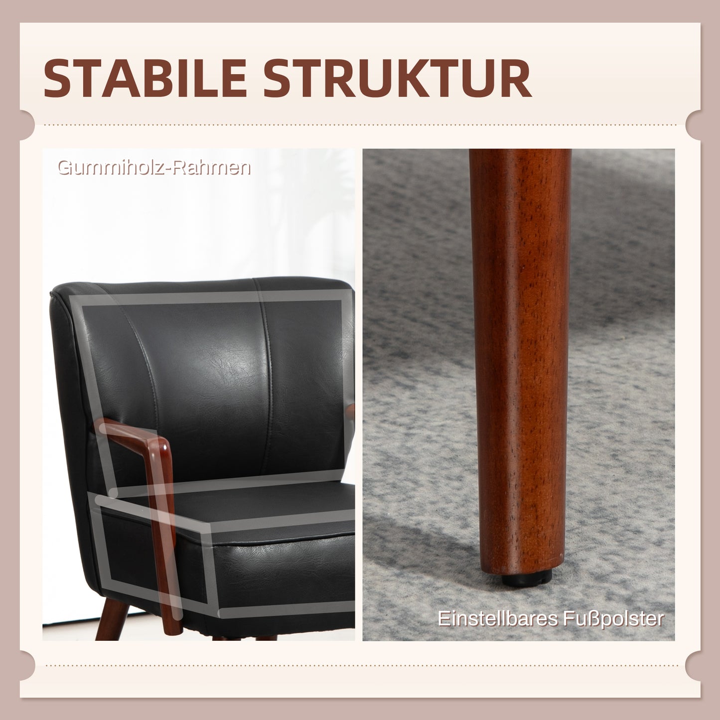 HOMCOM Akzentsessel, breiter Sitz, Lederoptik, Holzrahmen, bis 120 kg, 67x77x80 cm, Schwarz