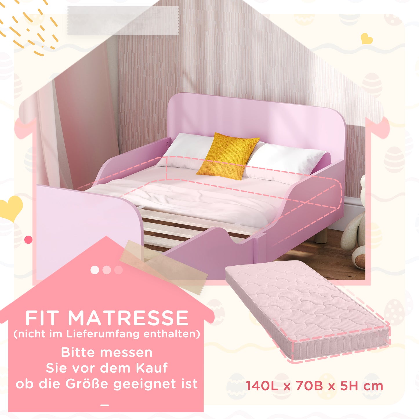 AIYAPLAY Kinderbettgestell, Einzelbettrahmen für Kinder, Schutzgitter, kleines Bett für Kinderzimmer, MDF, ohne Matratze, Rosa