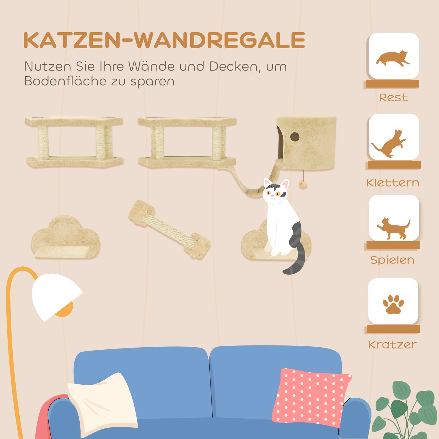 PawHut 5-teiliges Katzen-Kletterset mit Kratzpfosten, Sprungplattformen, Leiter, Haus, Wandmontage, Beige