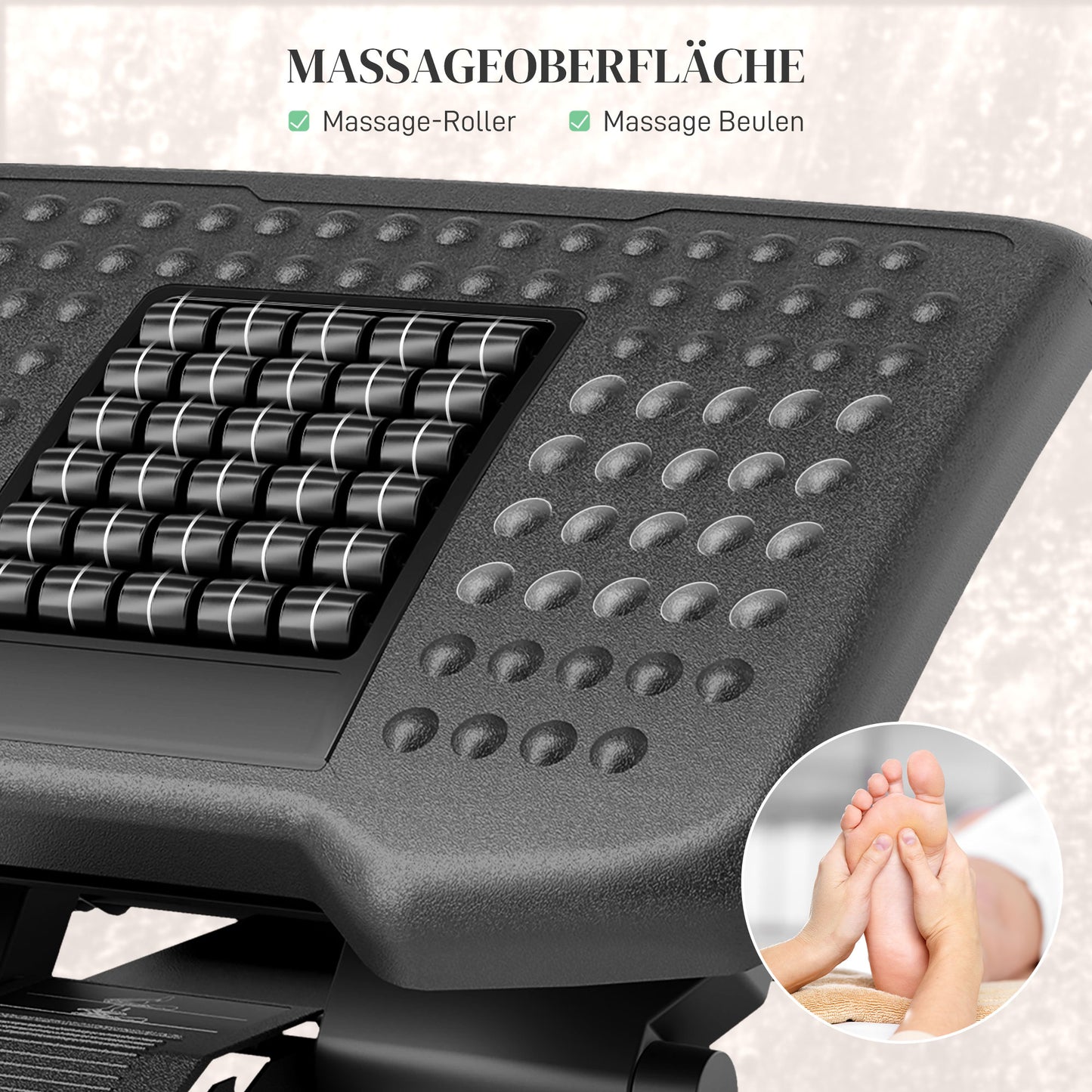HOMCOM Ergonomische Fußstütze, höhenverstellbar, Massagefläche mit Rollen, Schwarz, 46 x 35 cm