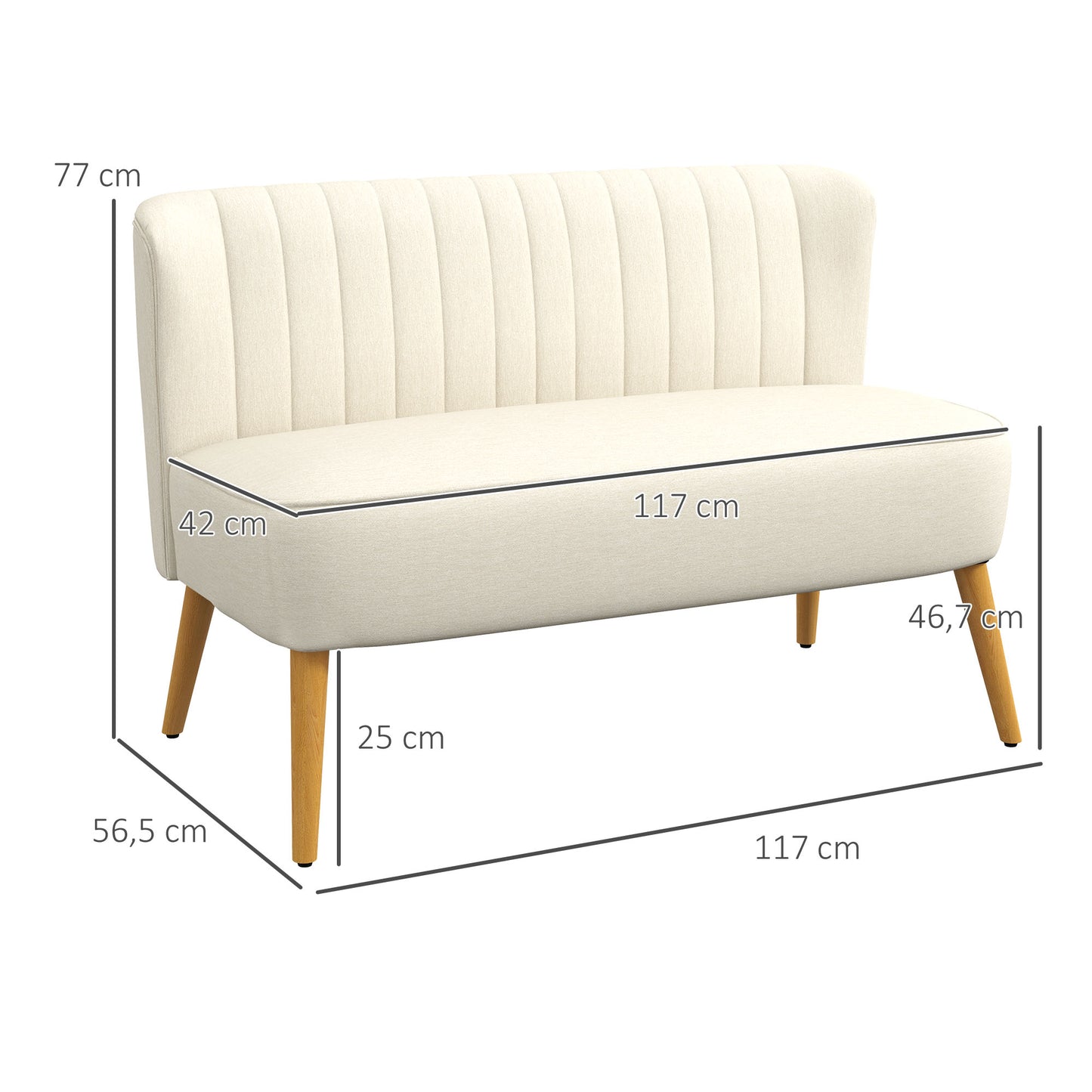 HOMCOM 2-Sitzer Sofa, weiche Polsterung, pflegeleichter Bezug, bis 150 kg, 117 x 56,5 x 77 cm, Cremeweiß