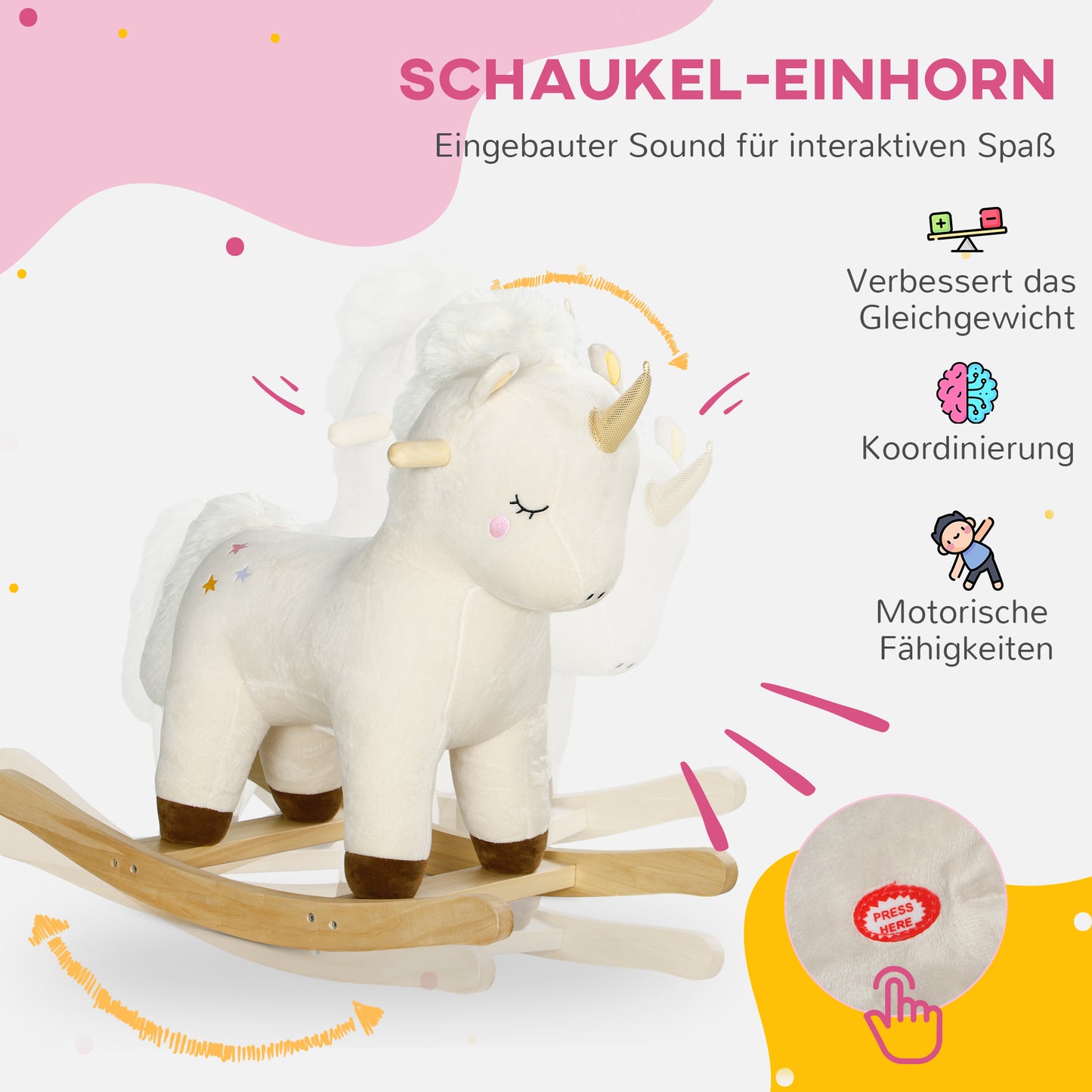 AIYAPLAY Schaukelpferd im Einhorn-Design, mit Soundeffekten, weicher Sitz, für Kinder im Alter von 2-4 Jahren, Weiß