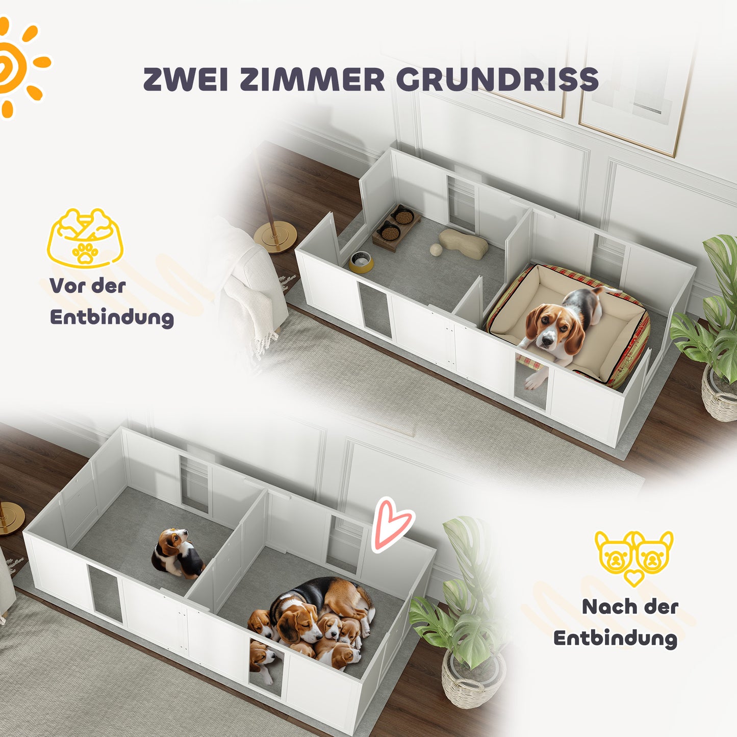 PawHut Wurfkiste für Welpen, teilbar i 2 Räume, Acrylfenster, 196 x 96 x 48 cm, Weiß