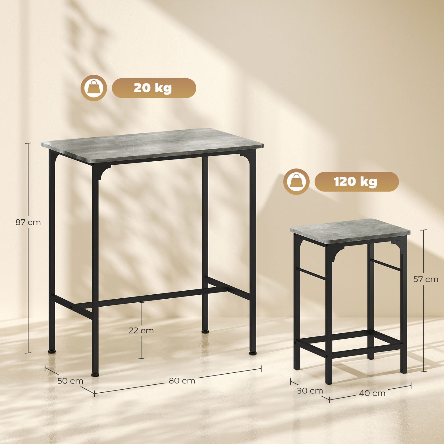 HOMCOM Bartisch Set Bartisch mit Barhocker-Set Esstisch mit 2 Stühlen mit Rutschfestem Fußpolster Grau