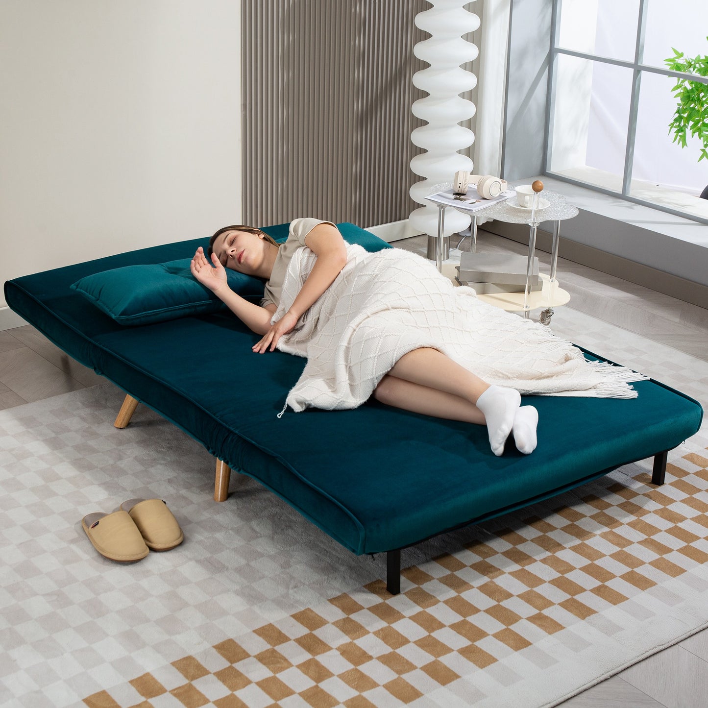 HOMCOM 2-Sitzer-Schlafsofa, Bettsofa, in Bett umwandelbare Couch, verstellbare Rückenlehne, Stoffbezug, Metallrahmen, Grün