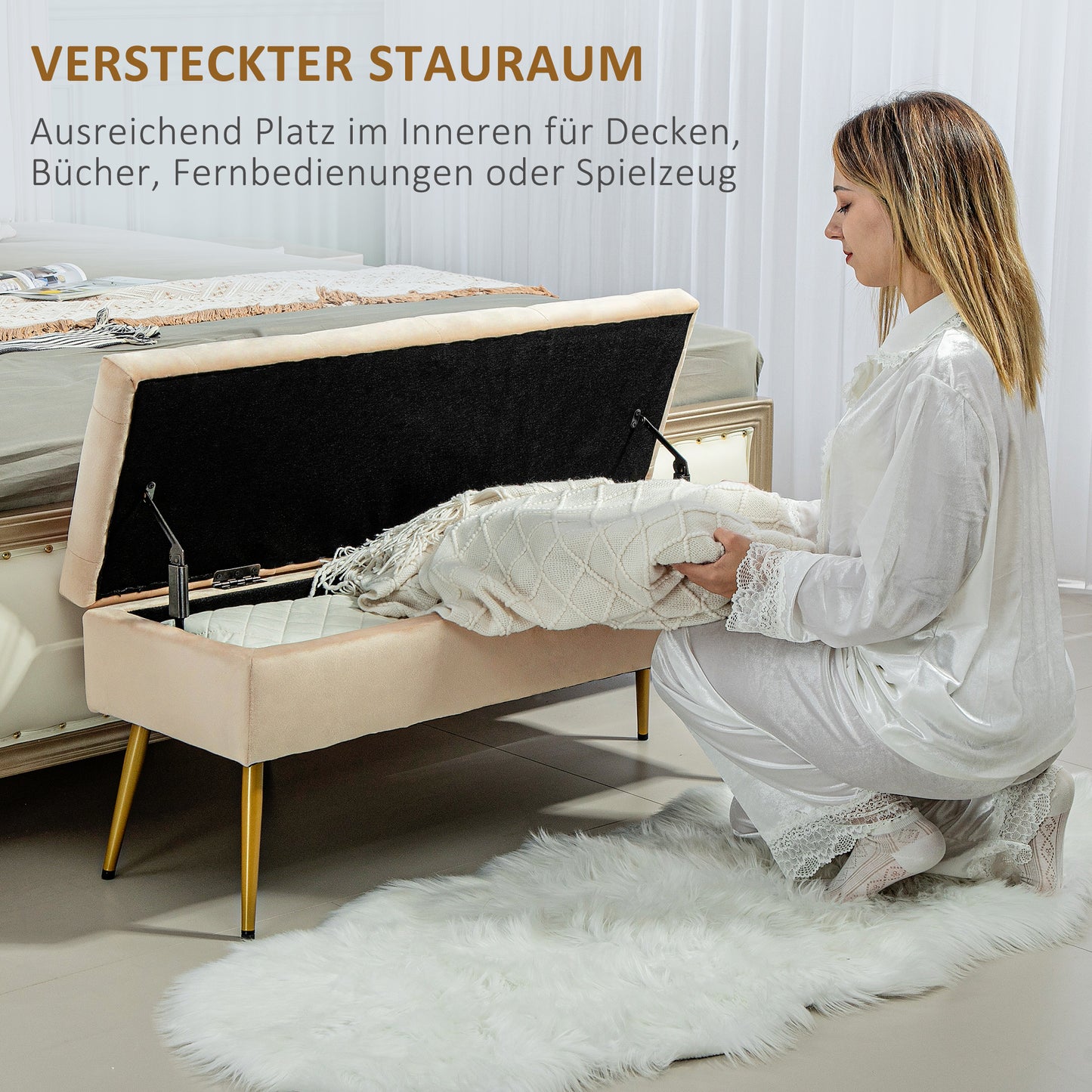 HOMCOM Stauraum-Sitzbank in Samtoptik, gepolsterter Fußhocker mit getuftetem Design, Metallrahmen, 102 x 35 x 43 cm, Beige