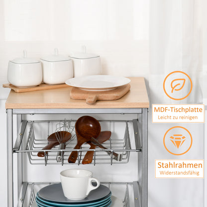 HOMCOM Küchenwagen Rollwagen mit 4 Ebenen Küchenregal mit Metallkörben, Allzweckwagen auf Rollen, Aufbewahrungswagen für Küche Bad Büro Wohnzimmer Silber