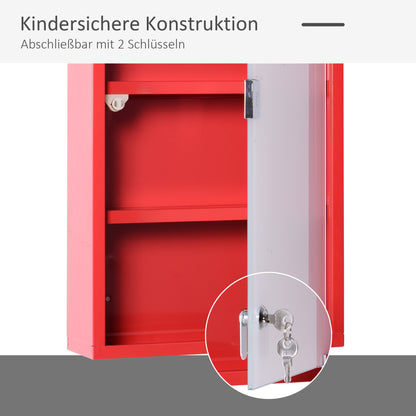 HOMCOM Medizinschrank aus Stahl Arzneischrank zur Medikamenten-Aufbewahrung, Abschließbar Apothekerschrank mit 4 Fächer, Glastür, 60 x 30 x 12 cm, Rot