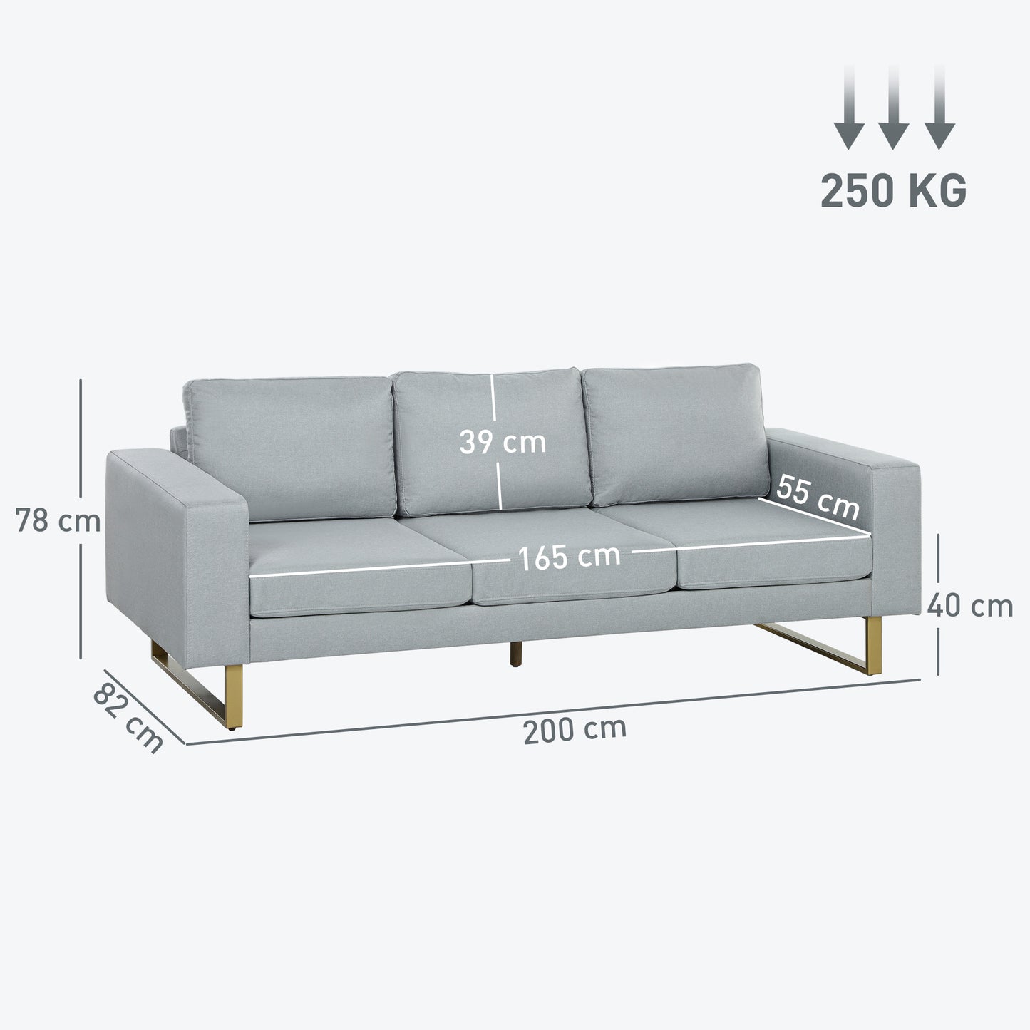HOMCOM 3-Sitzer-Sofa, Couch mit Vollholzrahmen, Metallbeine, schlichtes Design, Hellgrau