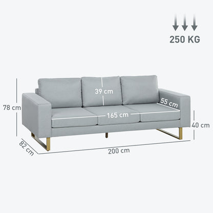 HOMCOM 3-Sitzer-Sofa, Couch mit Vollholzrahmen, Metallbeine, schlichtes Design, Hellgrau