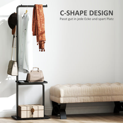 HOMCOM Garderobenständer, Kleiderstange mit Stoppern, 3 Haken, Ablagefach, Kunststeinsockel, Schwarz