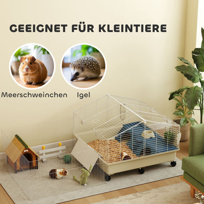 PawHut Kleintierkäfig, Balkon, Rampe, Futtertrog, Wasserflasche, 2-Ebenen-Design, Weiß