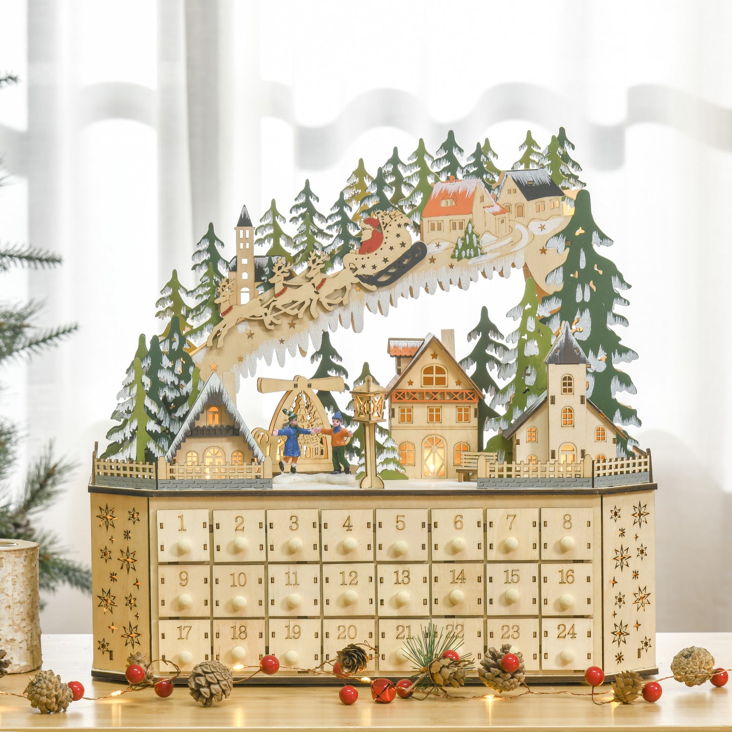 HOMCOM Adventskalender Weichnachtsdekoration Weihnachtsdeko, 24 Schubladen, LED-Lichter, 39 cm x 9 cm x 42 cm, Weiß + Grün