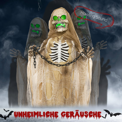 HOMCOM Halloweendekoration, Hängendes Skelett, leuchtender Kopf, unheimliches Heulen, biegsame Arme, Khaki