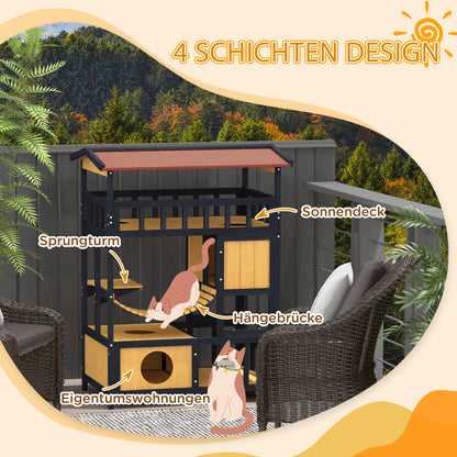 PawHut Katzenhaus, Katzenparadies mit Plattformen, Hängebrücke und Katzenhöhlen, für bis zu 2 Katzen geeignet, Holz