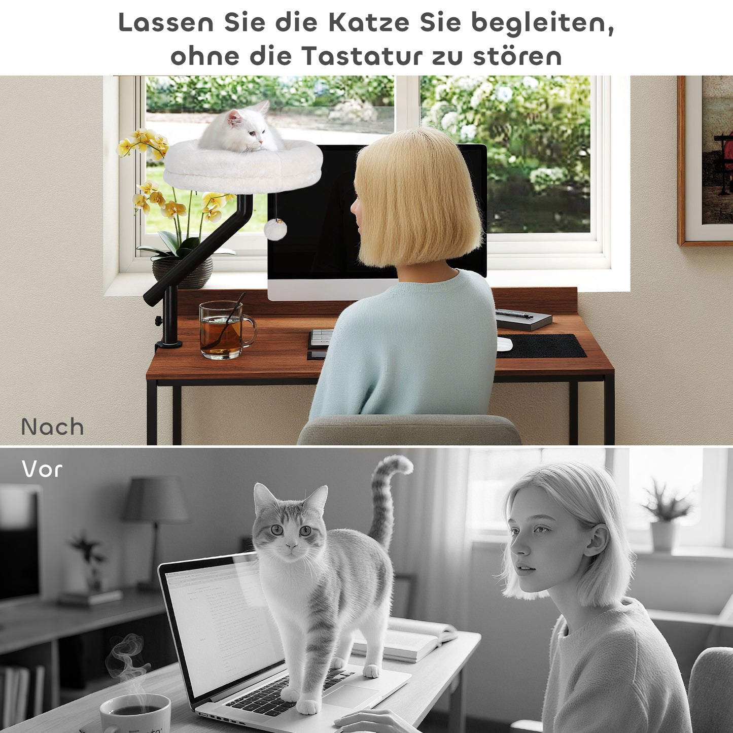 PawHut Katzen-Schreibtischbett, Katzenbett für Schreibtisch mit 360°Drehung, verstellbarer Höhe, Katzenliege mit abnehmbarem, maschinenwaschbarem Bett, für Katzen unter 6 kg, Heimbüro, Cremeweiß