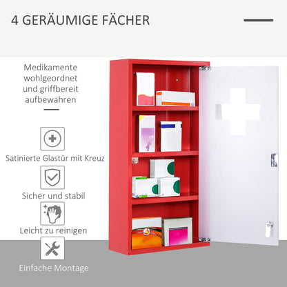 HOMCOM Medizinschrank aus Stahl Arzneischrank zur Medikamenten-Aufbewahrung, Abschließbar Apothekerschrank mit 4 Fächer, Glastür, 60 x 30 x 12 cm, Rot