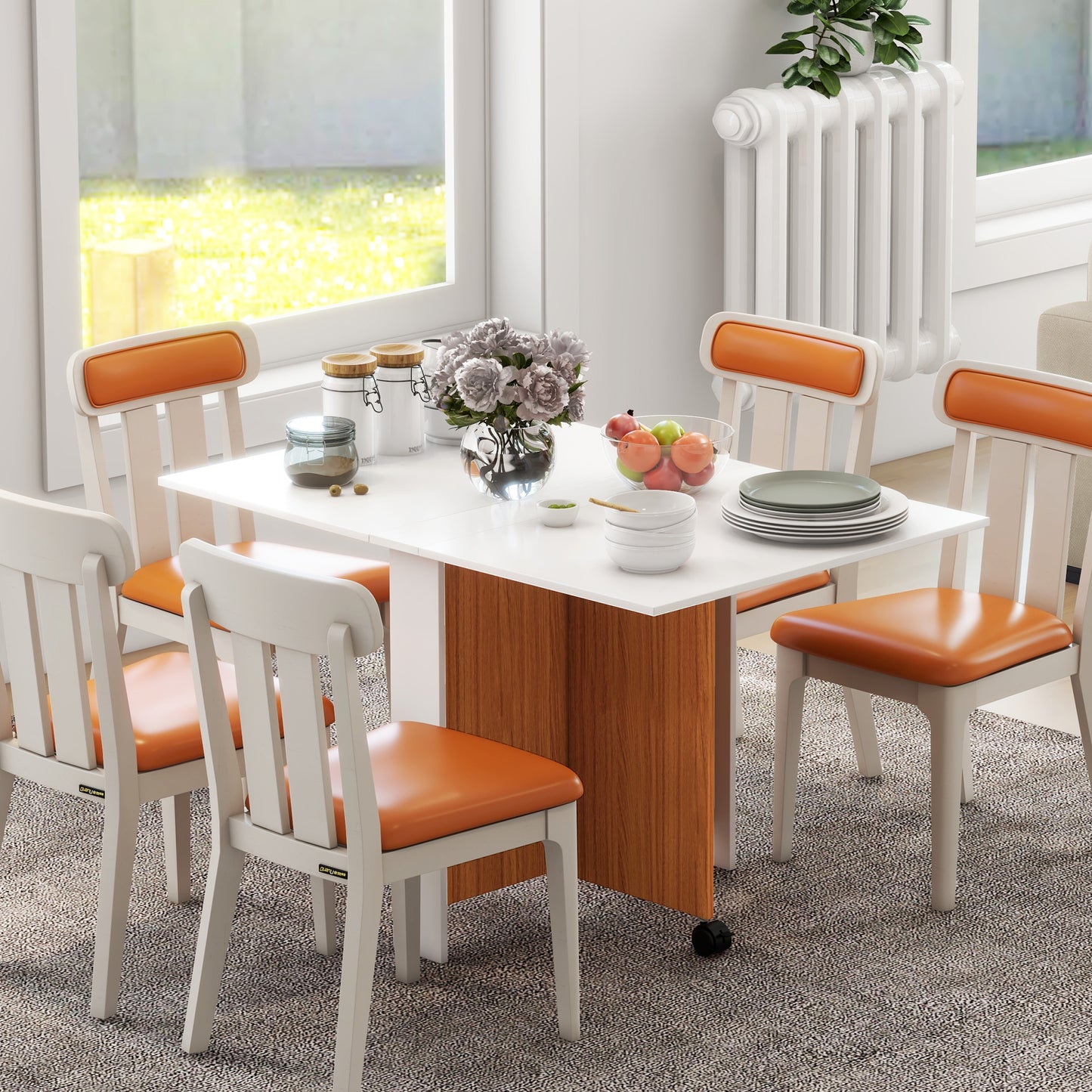 HOMCOM Ausklappbarer Esstisch Ausziehbarer Esstisch, mobil, modernes Design, 120 cm x 80 cm x 73 cm, Teak + Weiß