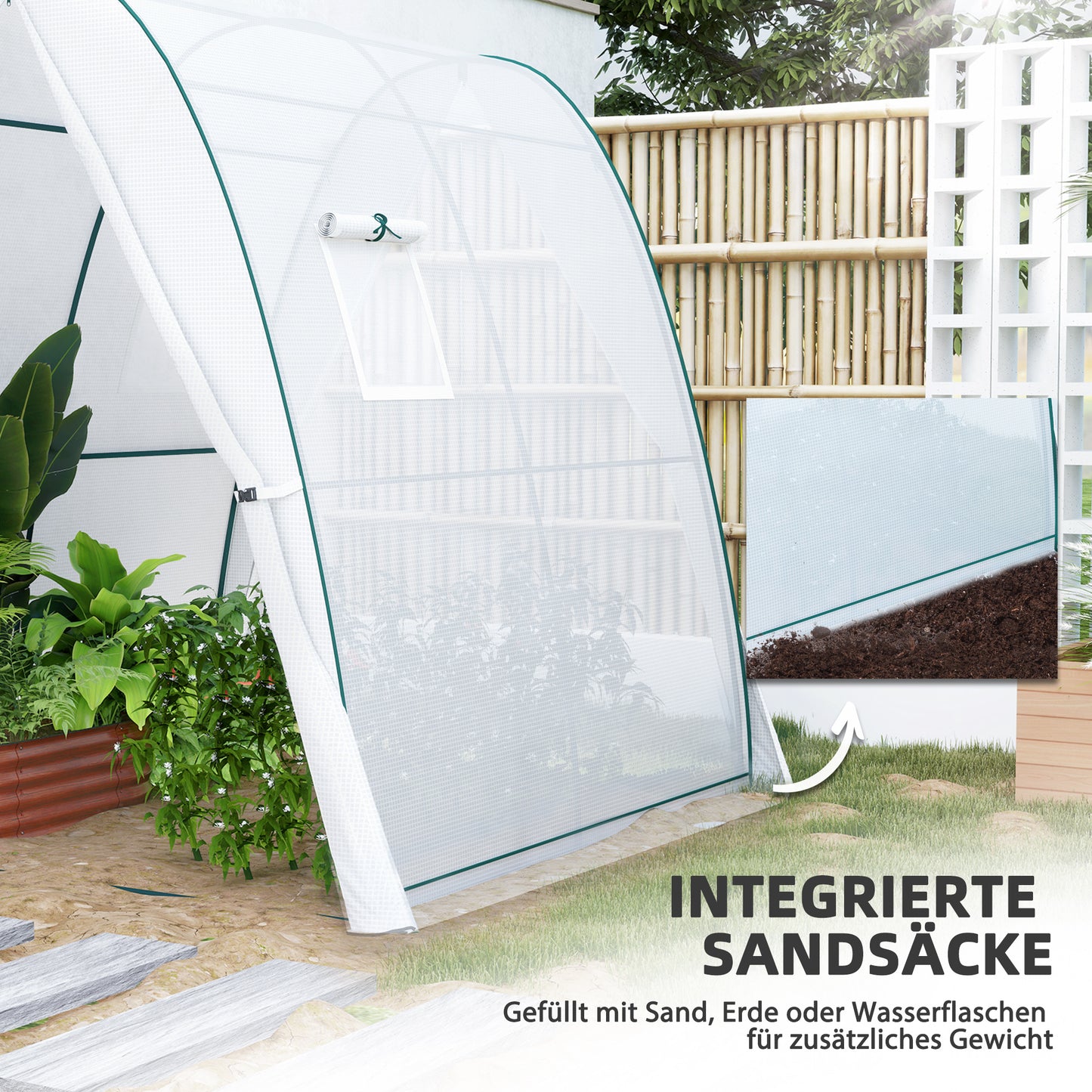 Outsunny Bogen-Gewächshaus mit Sandsäcken und Kunststoff-Abdeckung, 2 Rolltüren, Netzfenster, tragbar, 1,8 x 1,8 x 2 m, Weiß