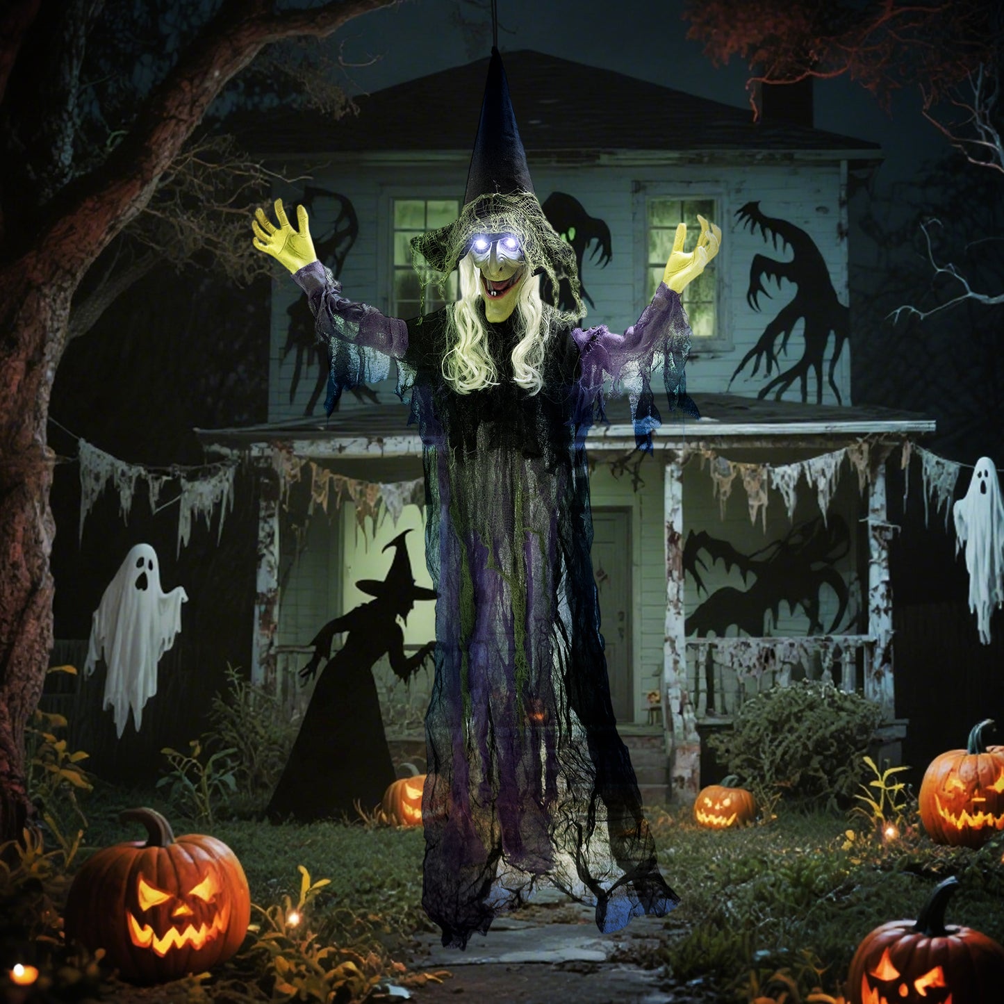 Outsunny 183cm Halloween Dekoration Hängende Halloween Hexe mit LED-Lichter, Soundfunktion verstellbare Arme, Mund