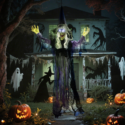 Outsunny 183cm Halloween Dekoration Hängende Halloween Hexe mit LED-Lichter, Soundfunktion verstellbare Arme, Mund